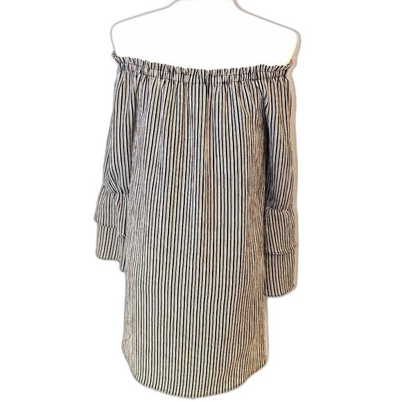 Bobeau | Boho Off The Shoulder Striped Ruffle Sleeve Dress Navy Rust | Size XS - Picture 3 of 12